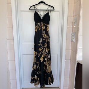 Black Lace and Gold Floral Evening Gown